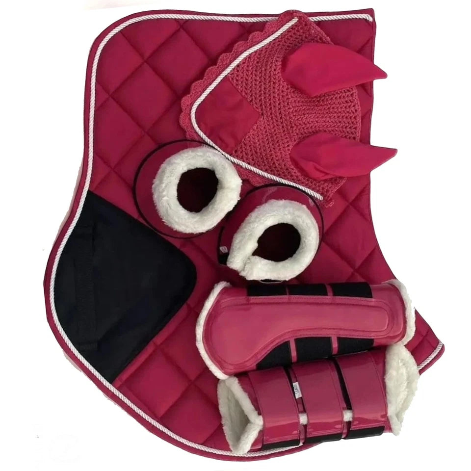 Horse Matching Saddle Pad Set, Ear Net Brushing Boots & Bell Boots Set Pink