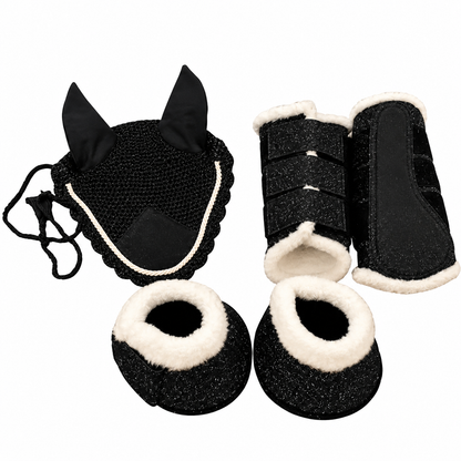 Glitter Saddle Pad Set Matching Ear Net Brushing Boot & Bell Boots Black