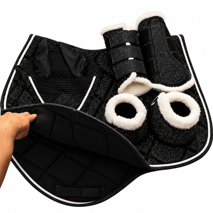 Glitter Saddle Pad Set Matching Ear Net Brushing Boot & Bell Boots Black