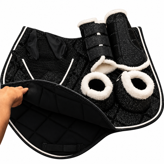 Glitter Saddle Pad Set Matching Ear Net Brushing Boot & Bell Boots Black