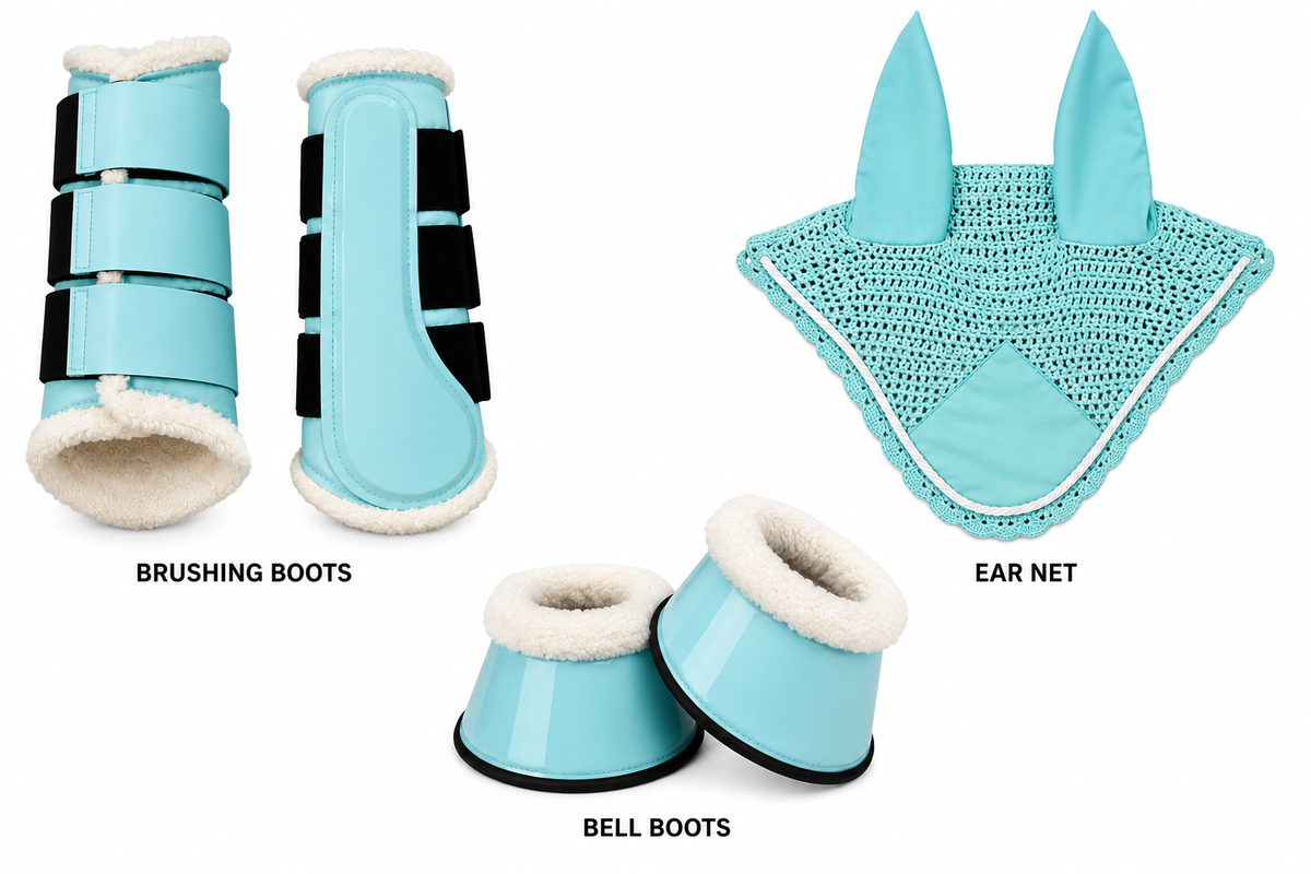 Matching Saddle Pad Set, Ear Net Brushing Boots & Bell Boots Set Tourquise