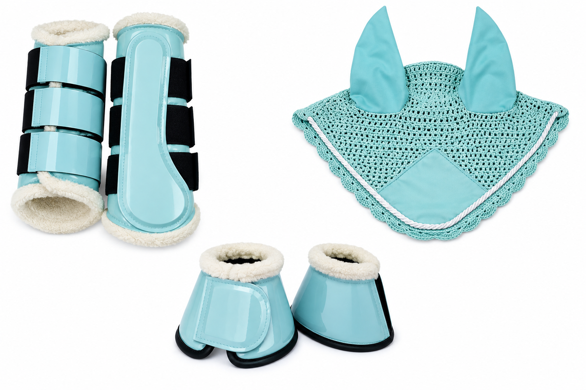 Matching Saddle Pad Set, Ear Net Brushing Boots & Bell Boots Set Tourquise
