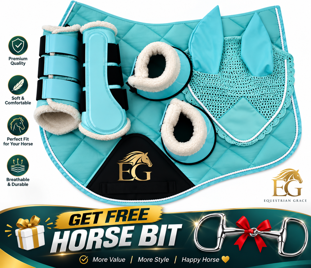 Matching Saddle Pad Set, Ear Net Brushing Boots & Bell Boots Set Tourquise