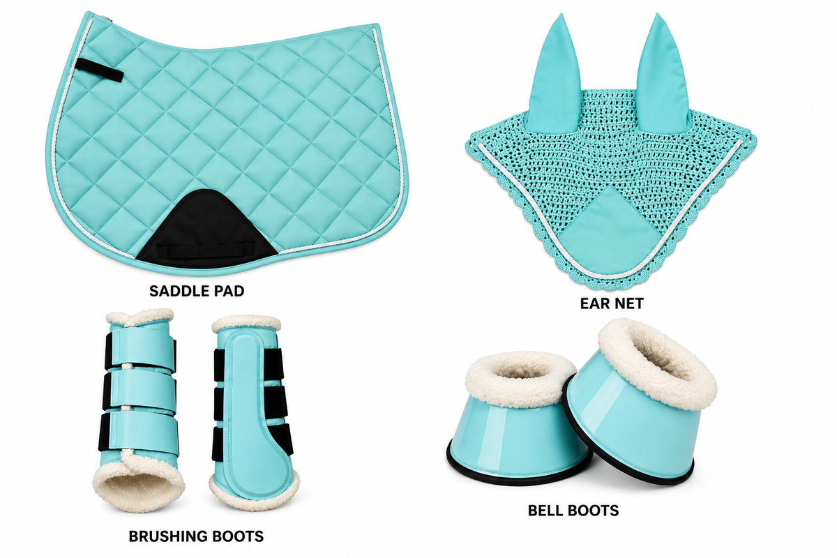 Matching Saddle Pad Set, Ear Net Brushing Boots & Bell Boots Set Tourquise