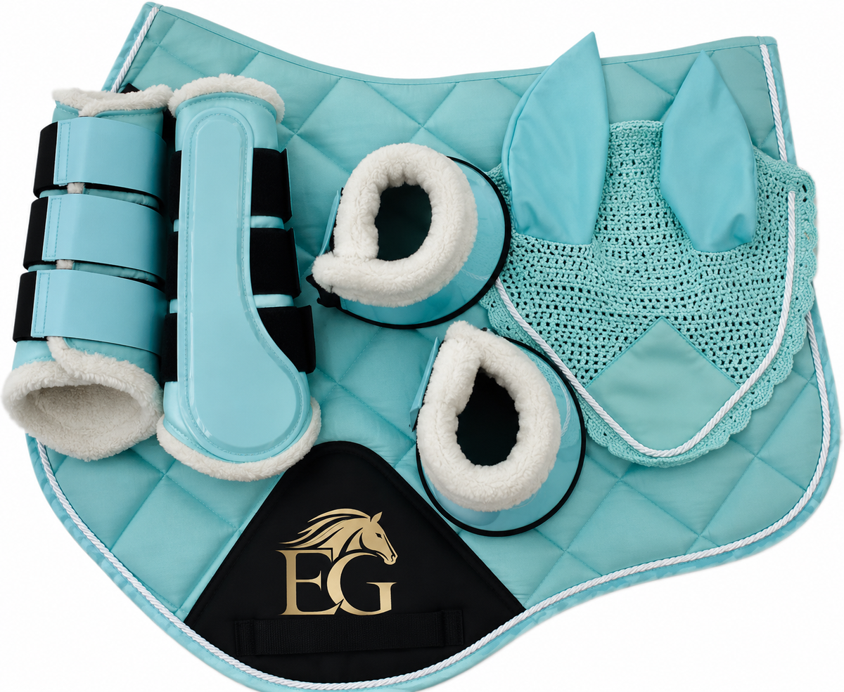 Matching Saddle Pad Set, Ear Net Brushing Boots & Bell Boots Set Tourquise