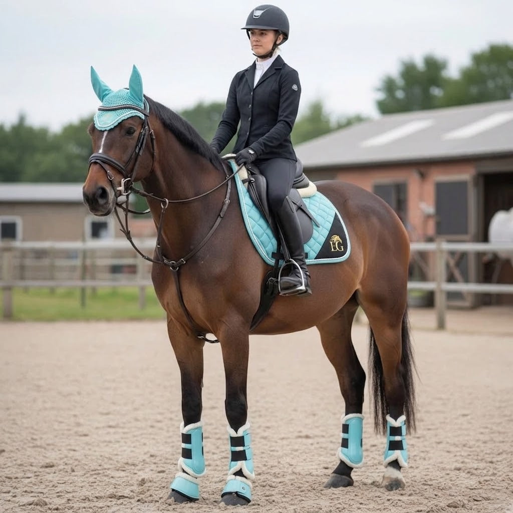 Matching Saddle Pad Set, Ear Net Brushing Boots & Bell Boots Set Tourquise