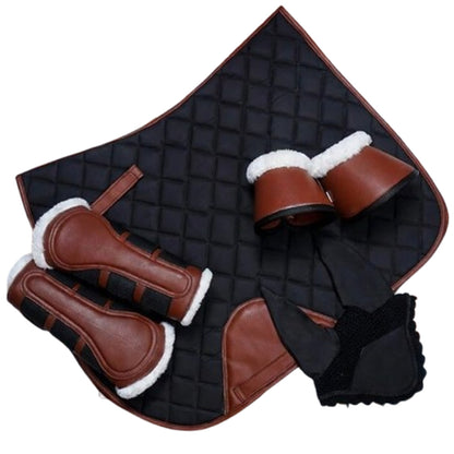 Horse Matching Saddle Pad Set, Ear Net Brushing Boots & Bell Boots Set Brown