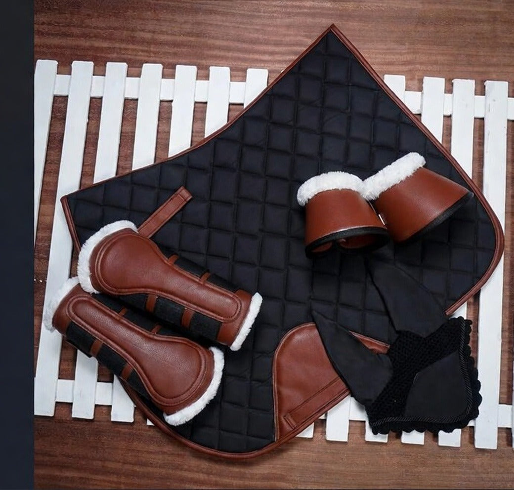 Horse Matching Saddle Pad Set, Ear Net Brushing Boots & Bell Boots Set Brown