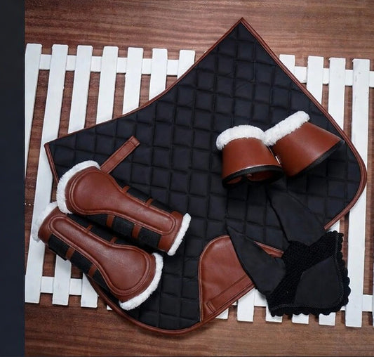 Horse Matching Saddle Pad Set, Ear Net Brushing Boots & Bell Boots Set Brown