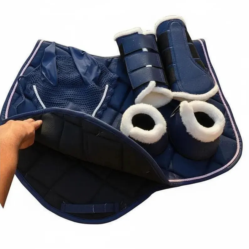 Western Horse Matching Saddle Pad Set, Ear Net Brushing Boots & Bell Boots Set