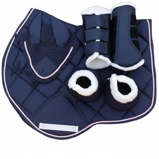 Western Horse Matching Saddle Pad Set, Ear Net Brushing Boots & Bell Boots Set