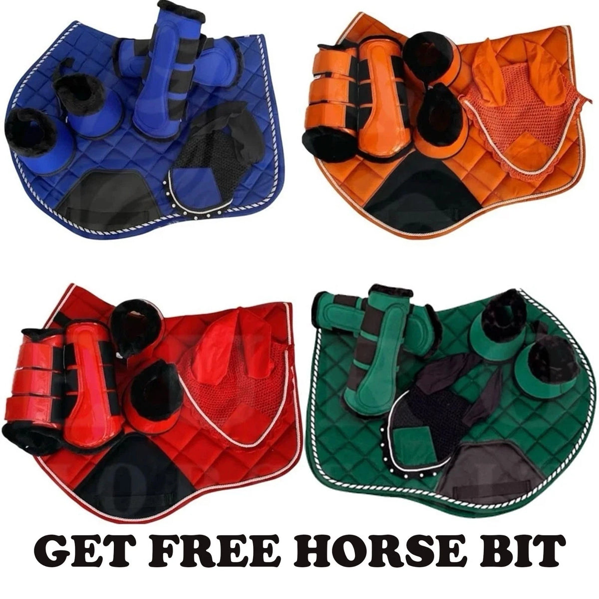Ecavallo Matching Saddle Pad Set, Ear Net Brushing Boots & Bell Boots Set
