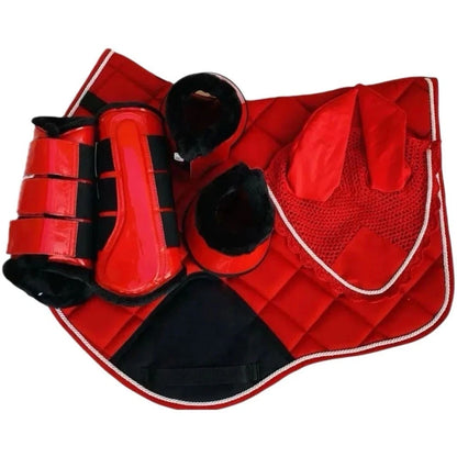 English Horse Matching Saddle Pad Set, Ear Net Brushing Boots & Bell Boots Set