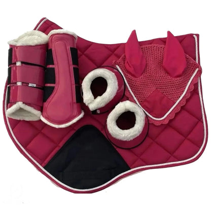 Horse Matching Saddle Pad Set, Ear Net Brushing Boots & Bell Boots Set Pink