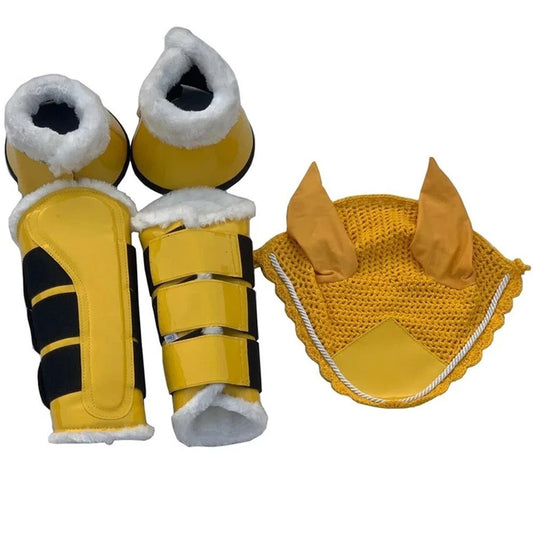 Horse Matching Saddle Pad Set, Ear Net Brushing Boots & Bell Boots Set