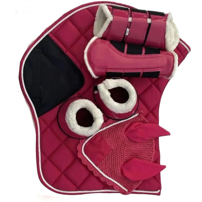 Horse Matching Saddle Pad Set, Ear Net Brushing Boots & Bell Boots Set Pink