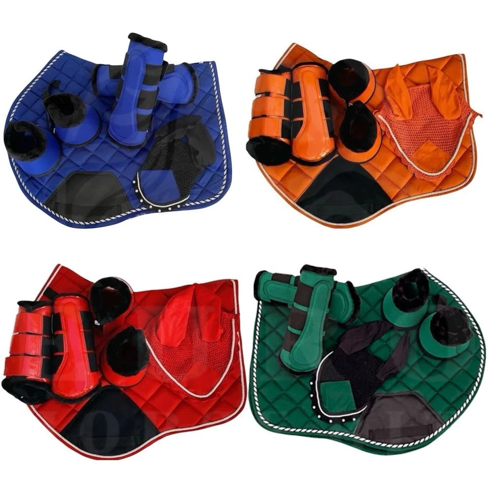 English Horse Matching Saddle Pad Set, Ear Net Brushing Boots & Bell Boots Set