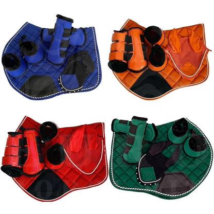 English Horse Matching Saddle Pad Set, Ear Net Brushing Boots & Bell Boots Set