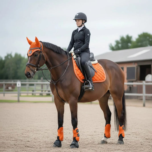 Ecavallo Gear Orange Matching Saddle Pad Set, Ear Net Brushing Boots & Bell Boots Set
