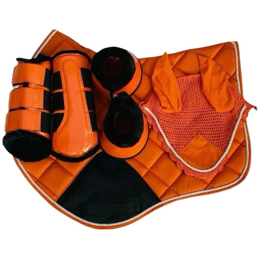 Ecavallo Gear Orange Matching Saddle Pad Set, Ear Net Brushing Boots & Bell Boots Set